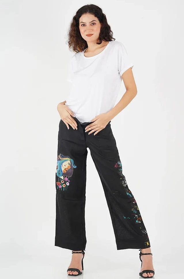 Ava Handcrafted Linen Hand Painted Trousers For Women